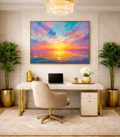Impressionist seascape painting with vibrant sunset hues in pink, gold, and turquoise across dramatic clouds, hand-painted canvas in contemporary home office
