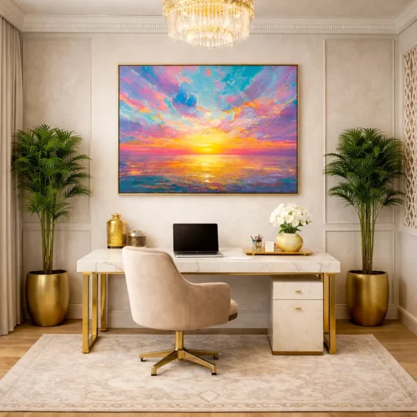 Impressionist seascape painting with vibrant sunset hues in pink, gold, and turquoise across dramatic clouds, hand-painted canvas in contemporary home office