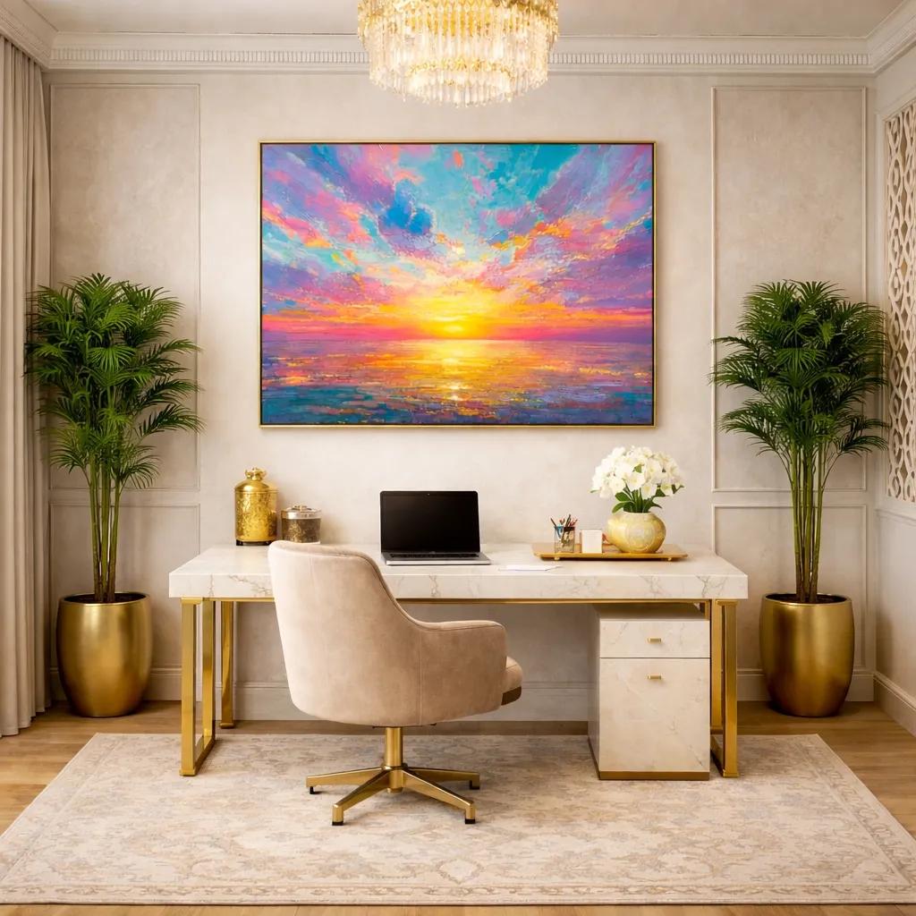 Ethereal Dawn Textured sky waters color wall art (5) Impressionist seascape painting with vibrant sunset hues in pink, gold, and turquoise across dramatic clouds, hand-painted canvas in contemporary home office