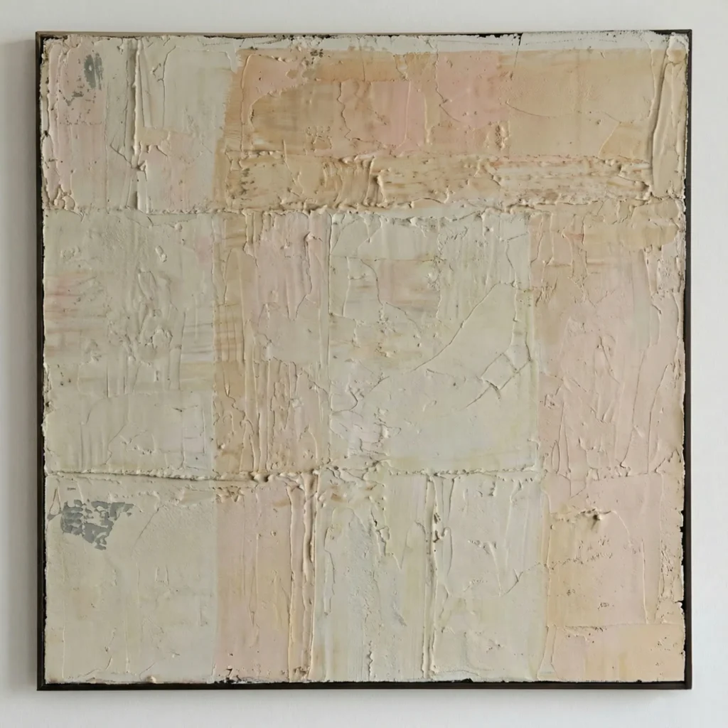 Minimalist textured hand-painted canvas in cream and soft taupe tones with layered gestural brushwork, contemporary living space