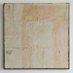 Minimalist textured hand-painted canvas in cream and soft taupe tones with layered gestural brushwork, contemporary living space