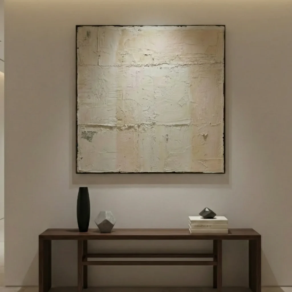 Textured minimalist hand-painted canvas in cream and off-white with subtle layered brushwork, contemporary entryway