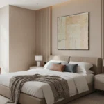 Minimalist abstract hand-painted canvas in cream and ochre tones with subtle layered brushwork, modern bedroom setting