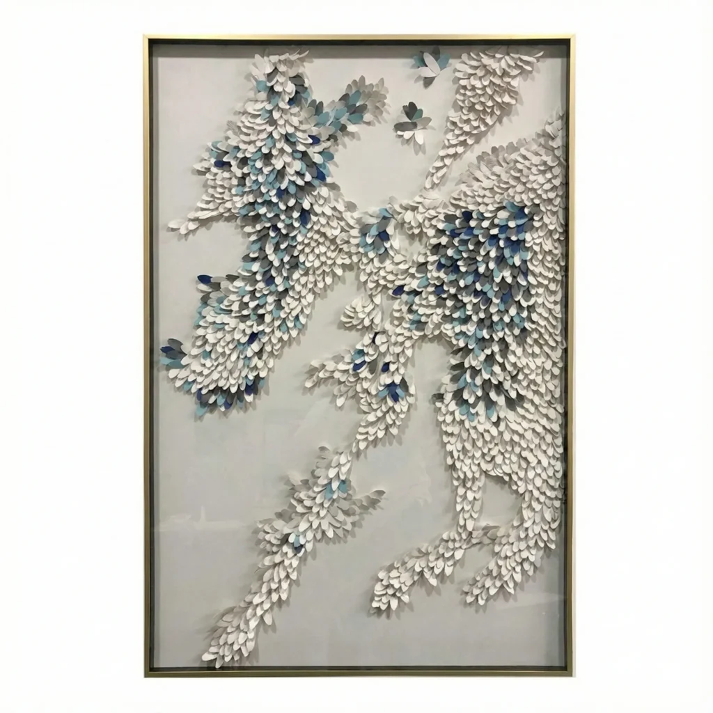 Textured hand-painted canvas depicting cascading wisteria branches in cream, white and soft blue-grey tones