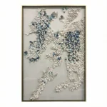 Textured hand-painted canvas depicting cascading wisteria branches in cream, white and soft blue-grey tones