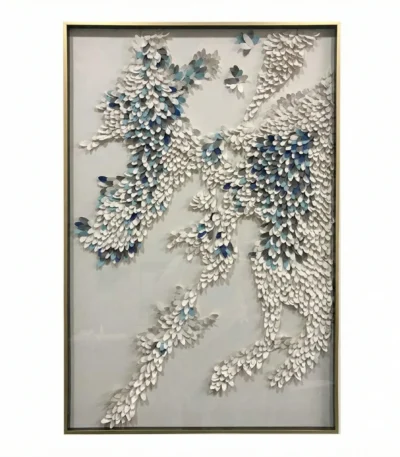 Textured hand-painted canvas depicting cascading wisteria branches in cream, white and soft blue-grey tones