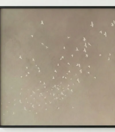 Minimalist hand-painted canvas depicting a flock of white birds in flight against soft taupe and cream tones