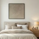 Minimalist abstract hand-painted canvas with scattered white birds in soft taupe and cream tones, contemporary bedroom