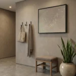 Minimalist abstract hand-painted canvas depicting scattered white birds in flight against soft neutral tones, contemporary entryway