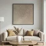 Minimalist hand-painted canvas depicting flock of birds in soft cream and taupe tones, contemporary living space