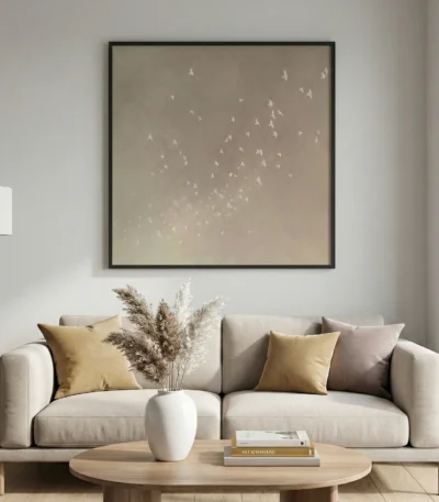 Minimalist hand-painted canvas depicting flock of birds in soft cream and taupe tones, contemporary living space
