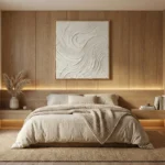 Textured abstract hand-painted canvas with layered cream and ivory swirling brushstrokes, contemporary bedroom