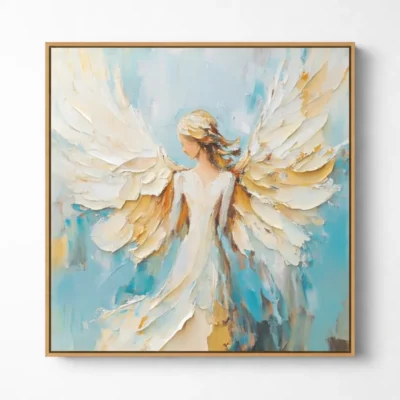 Textured contemporary hand-painted canvas depicting an ethereal winged figure in cream, gold, and soft blue tones