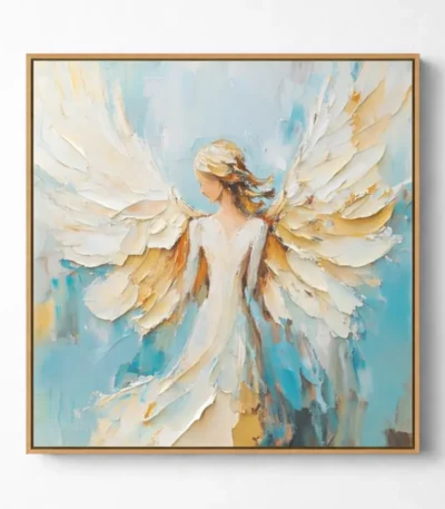 Textured contemporary hand-painted canvas depicting an ethereal winged figure in cream, gold, and soft blue tones