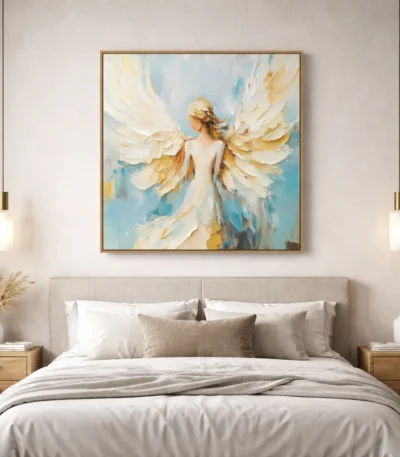 Textured figurative hand-painted canvas depicting an angelic figure with layered cream and gold wings against soft blue tones, modern bedroom