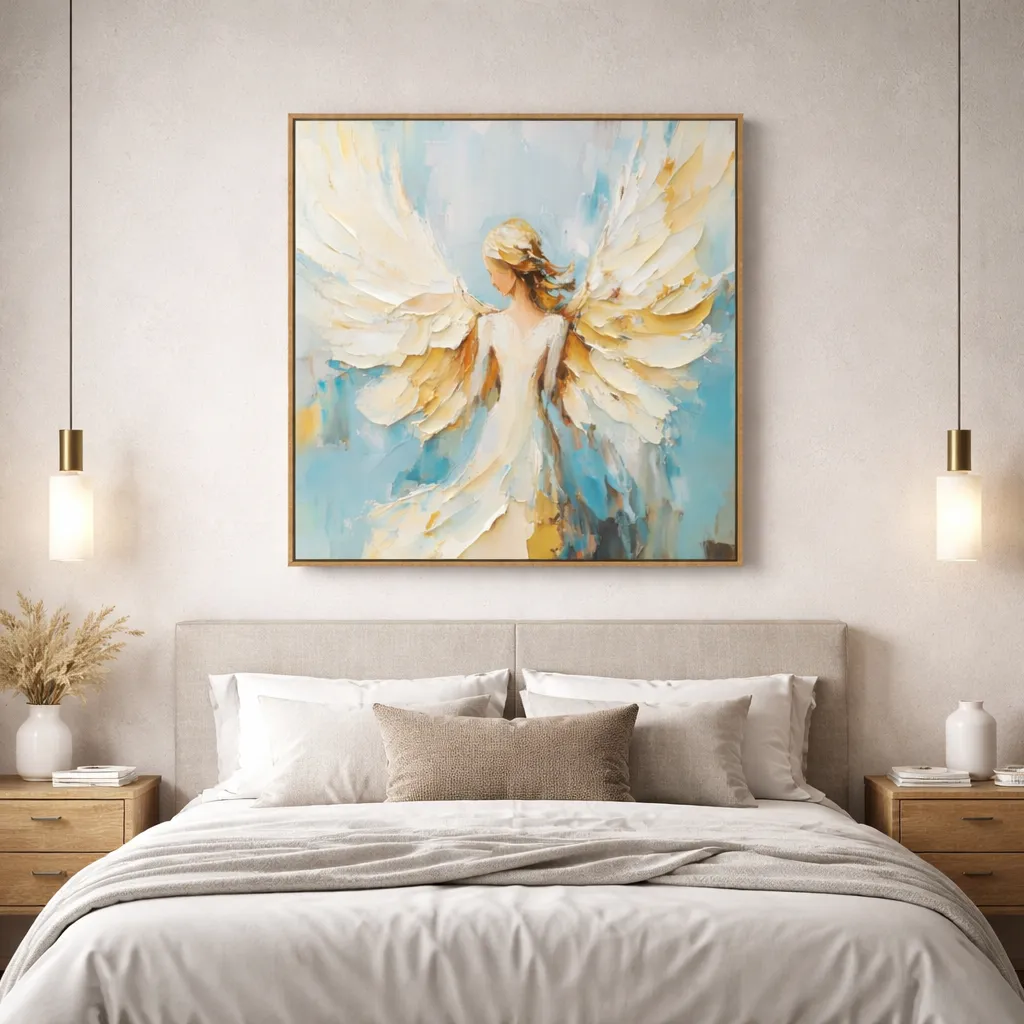 Ethereal Guardian Angel – Textured Wall Decor Abstract Art (2) Textured figurative hand-painted canvas depicting an angelic figure with layered cream and gold wings against soft blue tones, modern bedroom