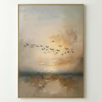 Impressionist hand-painted canvas depicting migrating birds in flight over misty marshland, warm golden and muted earth tones
