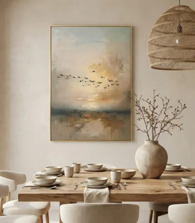 Impressionist landscape painting depicting sailboats and migrating birds over misty marshland in warm golden and neutral tones, contemporary dining space