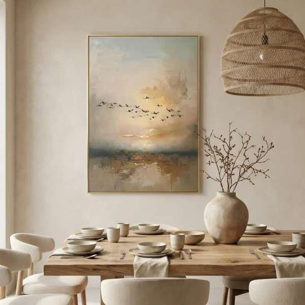 Impressionist landscape painting depicting sailboats and migrating birds over misty marshland in warm golden and neutral tones, contemporary dining space