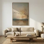 Impressionist landscape hand-painted canvas with migrating birds, sailboat, and golden light over wetlands, warm earth and sky tones, contemporary living space