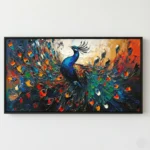 Gestural expressionist hand-painted canvas depicting a vibrant peacock with jewel-toned plumage in blues, greens, oranges and reds, contemporary living space