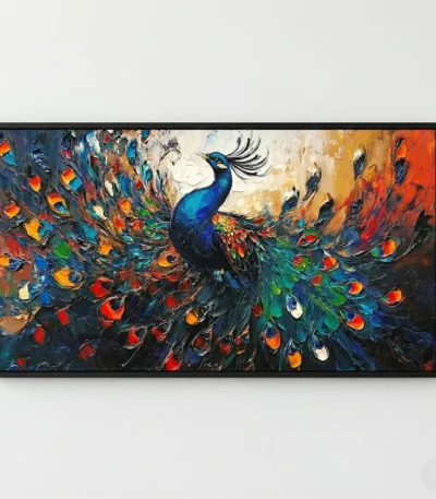 Gestural expressionist hand-painted canvas depicting a vibrant peacock with jewel-toned plumage in blues, greens, oranges and reds, contemporary living space