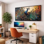 Textured expressionist hand-painted canvas depicting a peacock with vibrant teal, gold, and orange plumage against warm golden tones, contemporary workspace