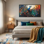 Textured expressionist hand-painted canvas depicting vibrant peacock in bold blues, oranges and greens, modern bedroom
