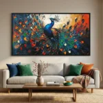Gestural expressionist hand-painted canvas depicting a vibrant peacock with dynamic brushstrokes in jewel tones and warm oranges, contemporary living space