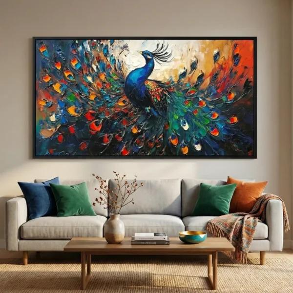Gestural expressionist hand-painted canvas depicting a vibrant peacock with dynamic brushstrokes in jewel tones and warm oranges, contemporary living space