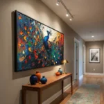 Gestural abstract expressionist hand-painted canvas featuring iridescent peacock in vibrant blues, oranges and reds, contemporary hallway