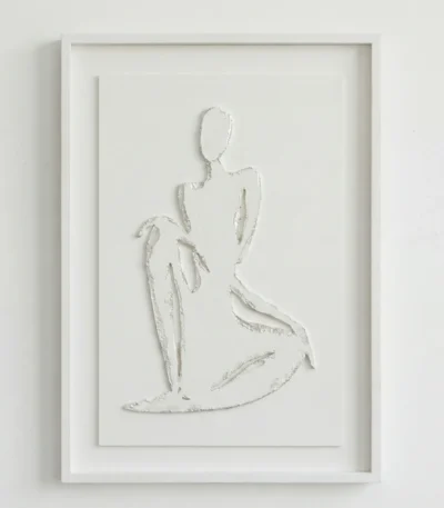 Minimalist figurative hand-painted canvas depicting seated female form in textured white and cream tones