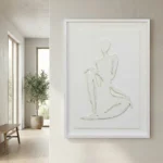 Minimalist hand-painted canvas depicting an abstract seated figure in textured cream and white tones, contemporary hallway setting