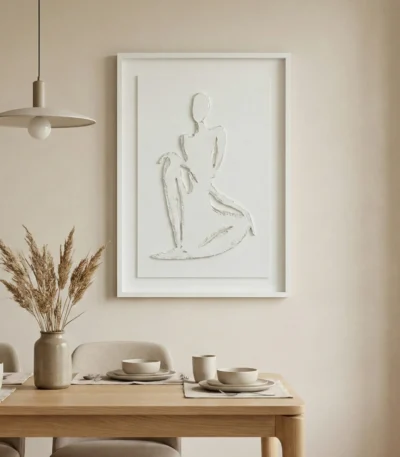 Minimalist hand-painted canvas depicting an abstract seated figure in soft gestural lines, neutral cream and beige palette, contemporary dining space