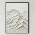 Textured minimalist hand-painted canvas depicting layered mountain peaks in monochromatic cream and white tones