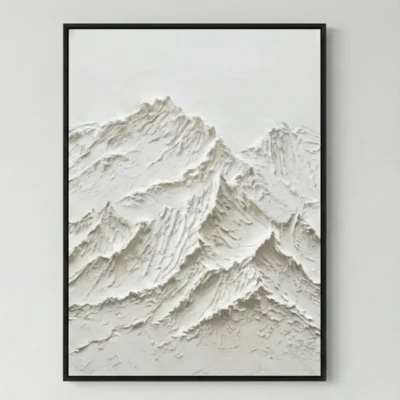 Textured minimalist hand-painted canvas depicting layered mountain peaks in monochromatic cream and white tones