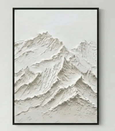 Textured minimalist hand-painted canvas depicting layered mountain peaks in monochromatic cream and white tones
