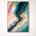 Layered abstract hand-painted canvas in teal, blush pink, and gold leaf with flowing organic swirls, contemporary living space