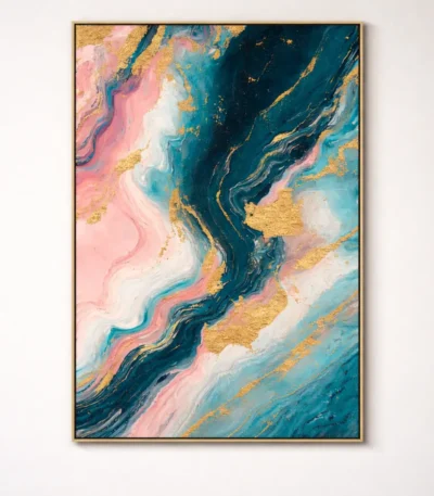 Layered abstract hand-painted canvas in teal, blush pink, and gold leaf with flowing organic swirls, contemporary living space