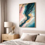 Layered abstract hand-painted canvas in teal, gold, and blush with fluid marbling effects, contemporary bedroom setting