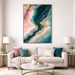 Layered abstract hand-painted canvas with fluid swirls in teal, pink, and gold leaf accents, contemporary living space