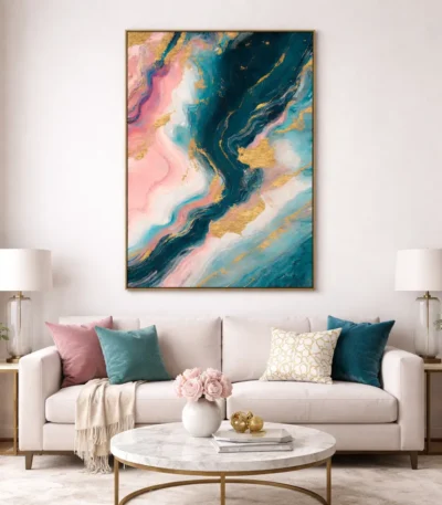 Layered abstract hand-painted canvas with fluid swirls in teal, pink, and gold leaf accents, contemporary living space