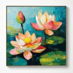 Textured impressionist hand-painted canvas depicting colorful lotus flowers and lily pads in vibrant coral, cream and turquoise tones