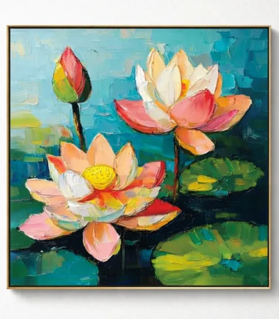 Textured impressionist hand-painted canvas depicting colorful lotus flowers and lily pads in vibrant coral, cream and turquoise tones
