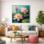 Impressionist hand-painted canvas depicting pink and white lotus flowers with yellow centers on deep teal water, contemporary living space