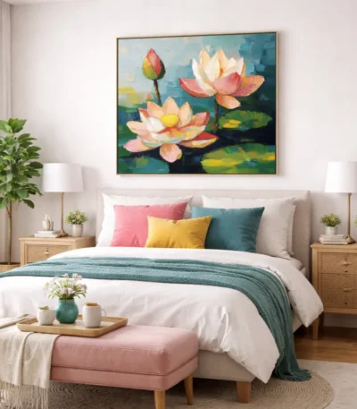 Impressionist hand-painted canvas depicting blooming lotus flowers in coral, cream and gold tones, contemporary bedroom
