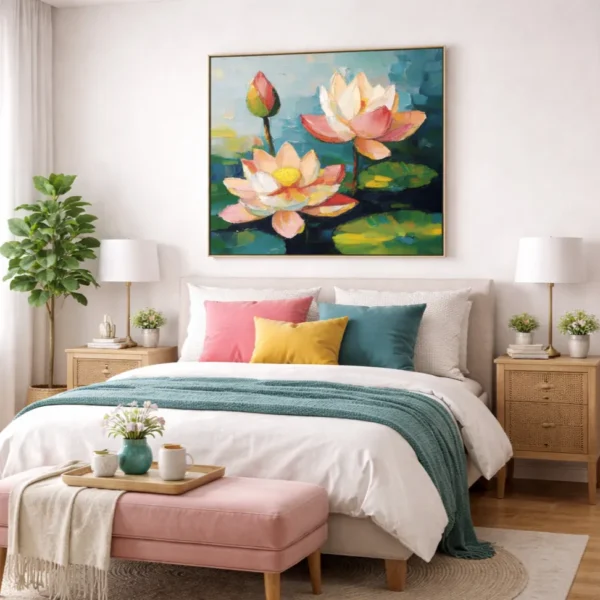 Impressionist hand-painted canvas depicting blooming lotus flowers in coral, cream and gold tones, contemporary bedroom