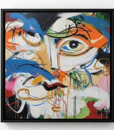 Gestural abstract expressionist hand-painted canvas with vibrant multicolored faces, bold blue and orange strokes on cream ground