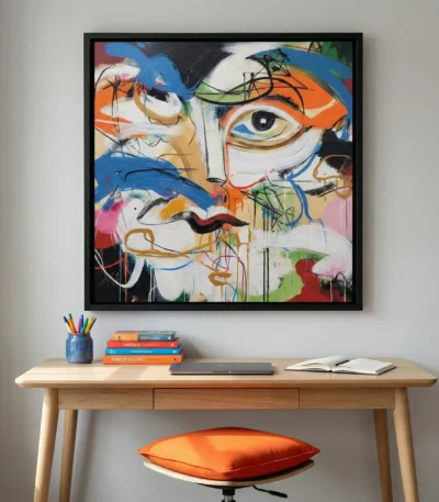 Gestural abstract expressionist hand-painted canvas featuring fragmented portrait in vibrant blues, oranges, and greens with dynamic black line work, contemporary workspace