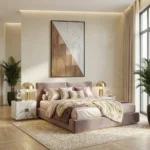 Contemporary hand-painted canvas with geometric wood grain and minimalist line work in warm neutral tones, modern bedroom